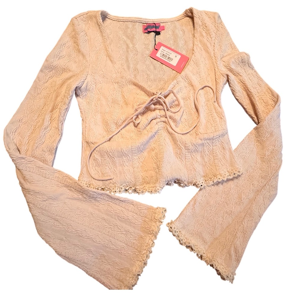 Edikted Cream Cable Knit Tie Front Bell Sleeve Crop Top S15177 Small NWT